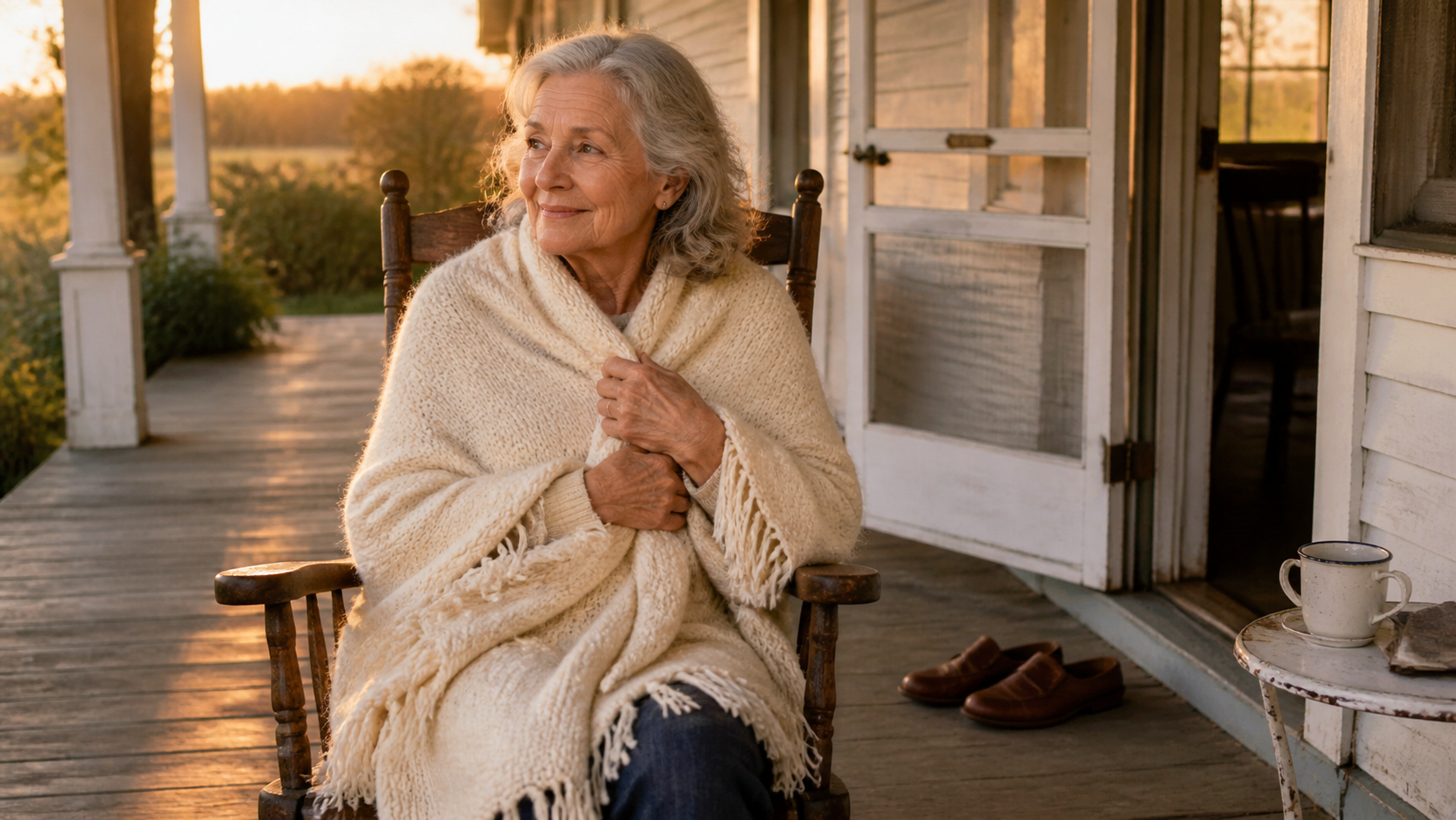 A reader wearing the shawl on her porch