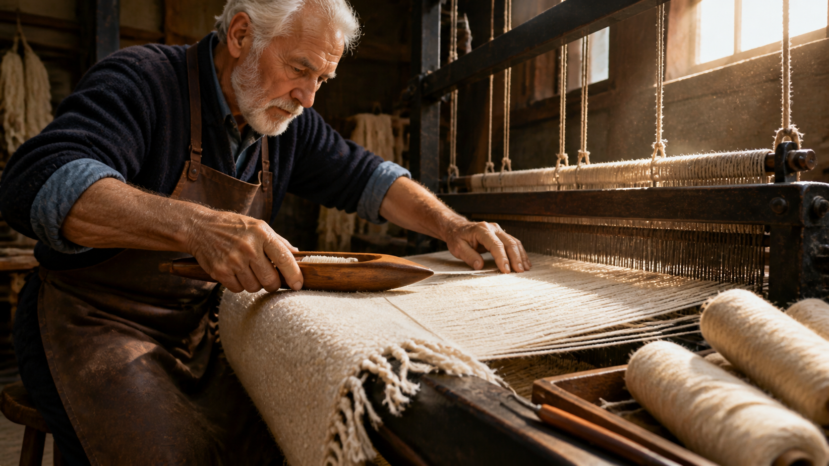 Close view of the woven wool taking shape on the loom